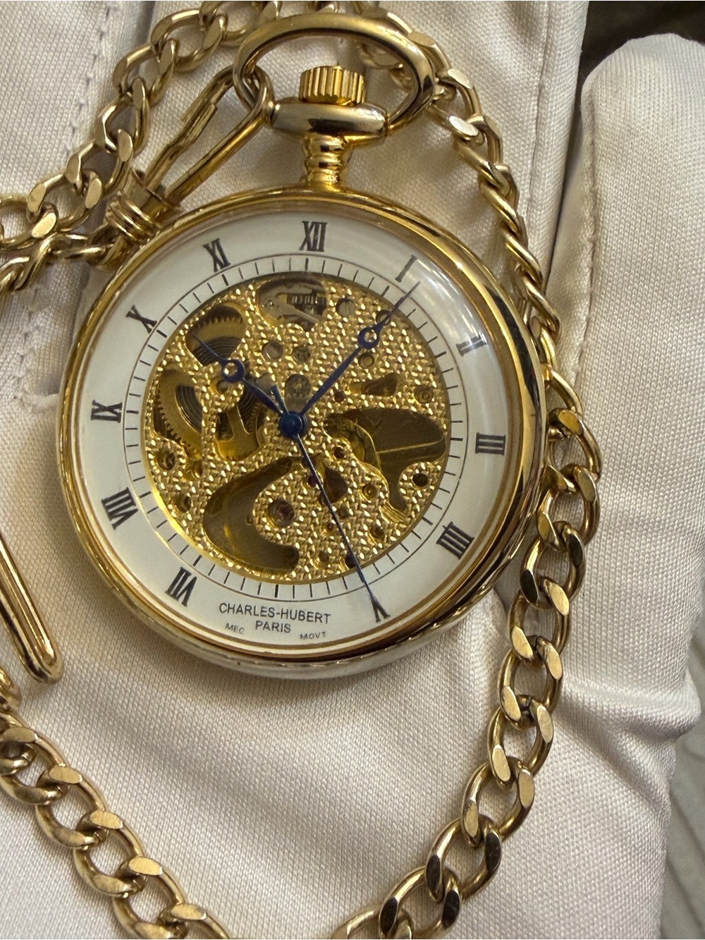 Charles-Hubert, Paris Gold-Plated Open Face Mechanical Pocket Watch 42mm
